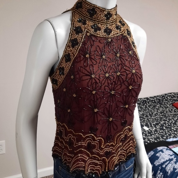 Papell Boutique Evening 100% Silk Beaded Sequin Halter Blouse Black Red size L - Picture 11 of 11